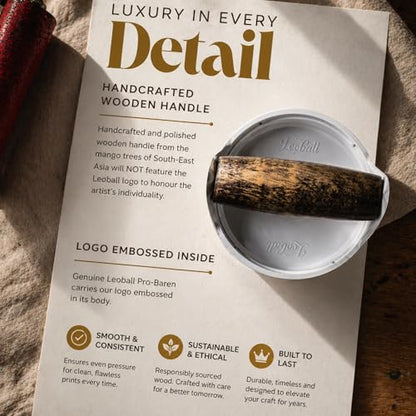 Leoball® Block/Gel Printing Baren– with 3 Layer Tech: Soft Foam Layer Covered in Smooth Nitex Nylon Along with Smooth-Glide Plastic Film. Features Comfortable Wooden Handle. Pro Baren - 4 inches