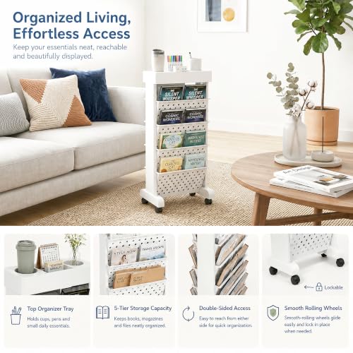 5-Tier Rolling Bookshelf Cart with Wheels, White - color: White, size: 5-Tier 26"H