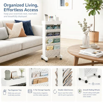 5-Tier Rolling Bookshelf Cart with Wheels, White - color: White, size: 5-Tier 26"H