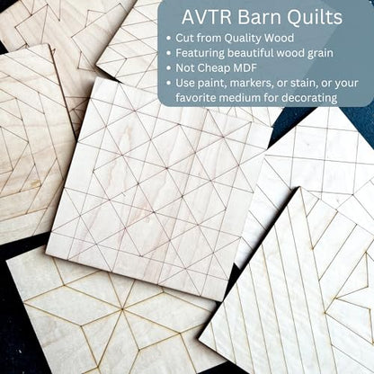 9" Barn Quilt Kit Set 4 | HST, Friendship Star, Dutch Sq, Flying Geese | Unfinished wood block signs to paint for DIY parties, farmhouse wall art collages, quilting crafts, handmade gifts. - size: 9 inches (set of 4), style: HST, Friendship Star, Dutch Sq