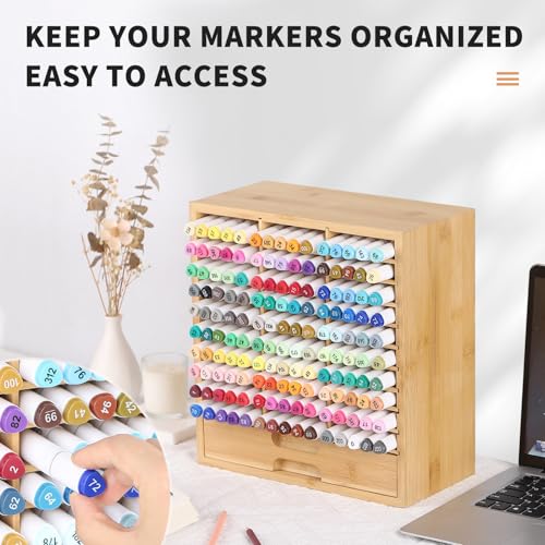 AUTOARK Bamboo Marker Organizer for 150 Markers,AHK-060 | Desktop Storage with Drawers,Art Markers Pens Pencils Brushes - size: 150 Markers