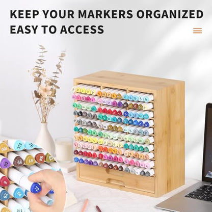 AUTOARK Bamboo Marker Organizer for 150 Markers,AHK-060 | Desktop Storage with Drawers,Art Markers Pens Pencils Brushes - size: 150 Markers