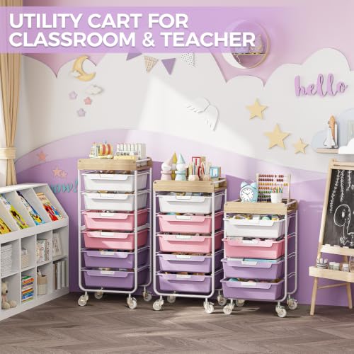 SYKIARIOL Utility Cart with 6 Labeling Drawers and Wooden Tabletop - color: Dreamy Color, size: 6-Drawer