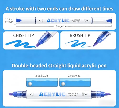 kander 12 Colors Dual Tip Acrylic Paint Markers, Blue Color — Extra Fine & Soft Brush Pen Set with Direct Ink Flow for Sketching, Detailing, Coloring on Wood, Canvas, Rock, Glass, DIY Crafts - color: Blue