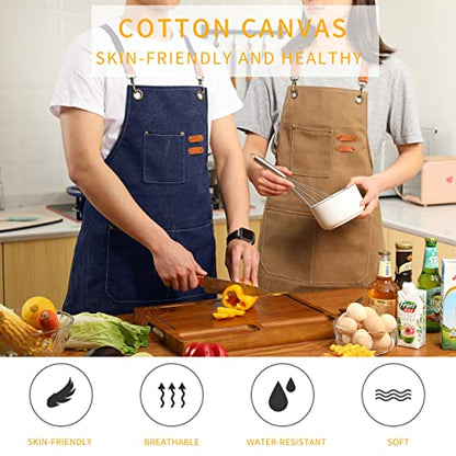 Tosewever Canvas Cross Back Chef Cotton Aprons for Men Women with Large Pockets - color: Blue