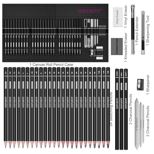 HIFORNY 36 PCS Sketching Drawing Pencil Set,Sketch Pencils Art Supplies with Graphite,Charcoal,Blending Tools,Accessories,Drawing Kit for Adults Artists in Canvas Roll Up Case
