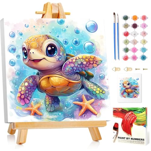 Sea Turtle Paint by Numbers Kit for Kids, 8x8 inch | DIY Paint by Numbers for Kids, Ages 4-8-12, with Frame, Wooden Easel, Gifts Box, Fun and Relaxing,Home Wall Decor - color: Turtle