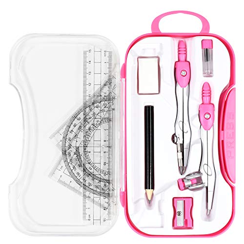 Vobou 10 pcs Math Geometry Set Student Supplies,Compass Kit Set (Pink） | Shatterproof Storage Box,Rulers,Protractor,Compass,Eraser,Pencil Sharpener,Lead Refills,Pencil,for School and Drawing - color: Red