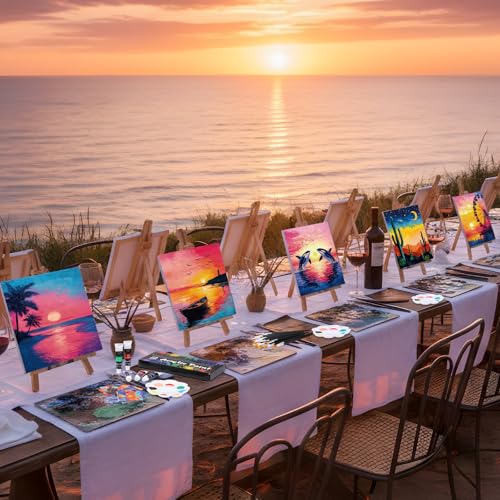 Cholemy 36 Pcs Paint and Sip Kit for Adults 8''x10'' Pre Drawn Canvas for Painting DIY Afro Acrylic Painting Kit Wood Easel Brushes Date Night Bulk for Mother's Day Party Gifts - style: Sunset Glow