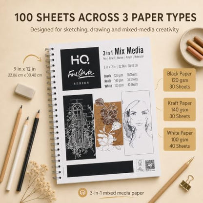 HQ Finestroke 3 in 1 Mix Media Sketchbook, 9 x 12 Inches Art Pad, Mixed Paper for Sketching, Drawing and Painting, Top Wiro Binding, 30 Sheet