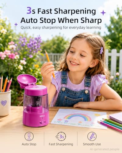 ZMOL Pink Bunny Electric Pencil Sharpener, 6-8mm, Rechargeable, Stickers | Fast Sharpening, Auto Stop,3 Modes for No.2 and Colored Pencils, Quick Charge,Kids Gift, for Home/Classroom/School/Art Studio - color: Pink
