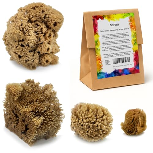 Naroa Artist Natural Sea Sponges for Painting 4 Pack | Unique Tool Set Unbleached | Great for Artists & Children | Acrylic, Watercolor, Marbling, Texturing, Pottery, Ceramics
