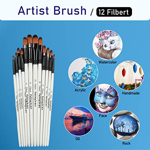 Falling in Art 12 PCS Professional Filbert Paint Brushes Set | Artist Brushes for Watercolor, Oil Painting, Acrylic, Face Body Nail Art, Crafts, Rock Painting - size: 12 Pcs Filbert Nylon