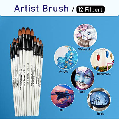Falling in Art 12 PCS Professional Filbert Paint Brushes Set | Artist Brushes for Watercolor, Oil Painting, Acrylic, Face Body Nail Art, Crafts, Rock Painting - size: 12 Pcs Filbert Nylon