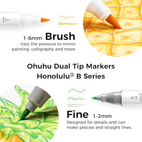 Ohuhu Alcohol Markers Brush& Fine 72 Colors for Adults Coloring Refillable | AP Certified Art Marker Set, Dual Tips Alcohol-based for Artists Beginners Drawing Illustration Sketching, Honolulu 2B