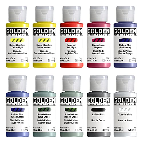 GOLDEN Fluid Acrylics Mixing Set, 10 x 30 ml Bottles | Mix an extensive range with this limited palette of flowing, richly pigmented artist grade colors.