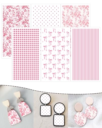 Puocaon Pink Clay Transfer Paper - 18 Pcs Conquete Bow Transfer Paper for Polymer Clay Jewelry Earrings, Chinoiserie Bow Checkerboard Design - color: pink