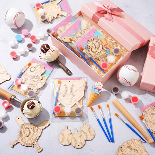 Saypacck 24 Pcs Ice Cream Drip Baseball Party Favors Wooden Paint Craft Kit | Birthday Party Supplies with Paint Brushes, Wooden Craft for Goodie Bag Fillers, Thank You Gifts with Organza Bags - style: Ice Cream Drip Baseball