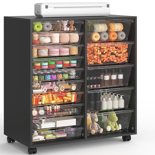 WOPITUES Mobile Storage Cabinet with 15 Clear Drawers, Modern Black - color: Black, size: 10M+5L