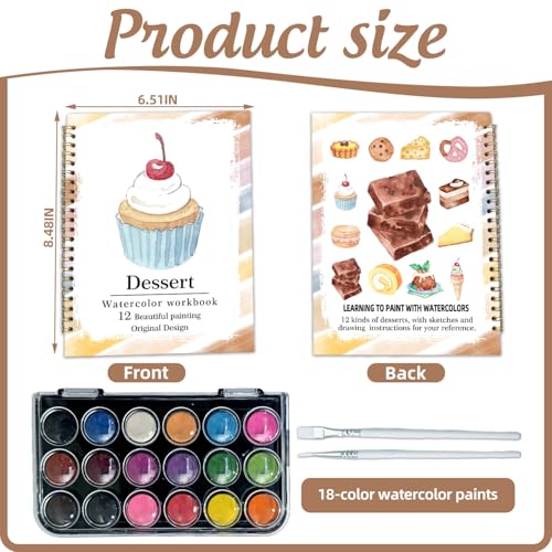 Watercolor Workbook, Water Coloring Book, 12 Different Patterns of Original DIY Designs, 18 Colors Watercolor Paint Set, Beginner-Friendly Watercolor Workbooks (Dessert), Perfect Gifts for Adults - color: dessert