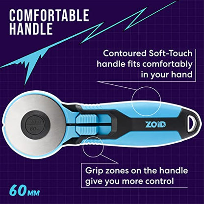 Zoid 60mm Rotary Cutter with Grip, Fabric Cutter Wheel, Rotary Cutter Blade, Craft Cutting Tool, Freehand Tool For Dense Fabrics,Denim, Corduroy and Multiple Projects, Soft-Touch Handle - size: 60mm
