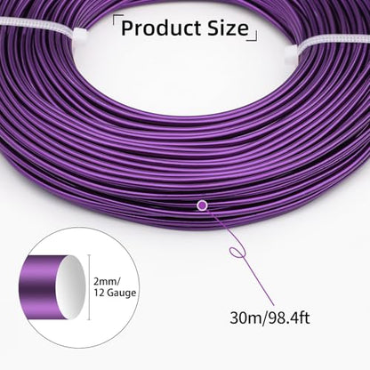 12 Gauge Aluminum Wire 100FT, 2mm Bendable Metal Anodized Aluminum Wire for Sculpting Jewelry Making Crafts Wreath Beading Floral(Purple) - color: Purple