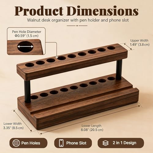 Pencil & Pen Holder for Desk, Solid Walnut Pen Display Stand with 9 Slots and Cell Phone Holder, Aesthetic Pen Organizer for Minimalist Office Desk Decor