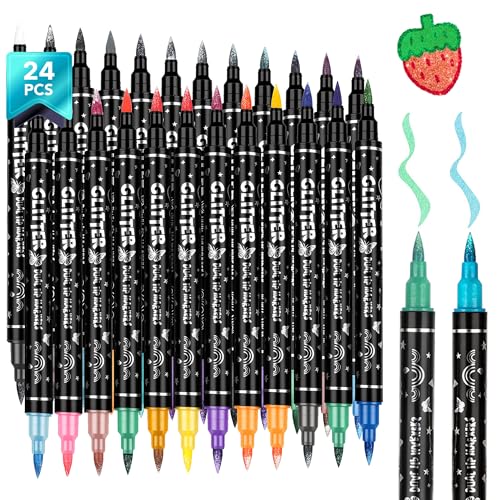 48 Colors Glitter Brush Markers, Dual Tip Metallic Art Markers | Flexible Brush & Chisel Tips | Adult Coloring, Journaling, Card Making, Scrapbooking & DIY Crafts - size: 48 Colors Dual Tip