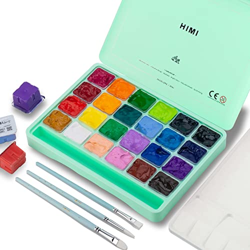 HIMI Gouache Paint Set, 24 Colors x 1 oz, Jelly Cup, Non-Toxic(Green) | 3 brushes and palette, Opaque matte finish, smooth blending, low odor, portable case, for students and beginners - color: Green