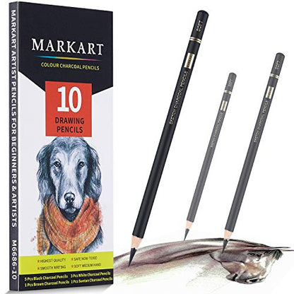 MARKART 10 Pack Professional Charcoal Pencils for Drawing | Black & White Charcoal Pencils for Sketching, Shading, Blending, Portrait, Pastel Chalk Pencils for Beginners & Artists