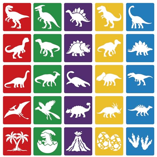 CUTHOLLOW 25PCS Dinosaurs and Volcanoes Painting Shape Stencils Sets - 8 Inch Reusable&Washable Drawing Template, Different Primary Themed Sidewalk Chalk Art Stencils Kit for Craft Room Wall Paper - style: Dinosaurs And Volcanoes