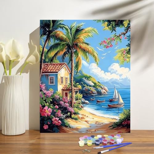 obterie Beach Paint by Numbers Kit for Adults Beginner Scenery Oil Painting Kit Adult Paint by Number Kits on Canvas DIY Painting for Beginners Art by Numbers for Gifts Home Wall Decor 16x20 Inch - color: YF040