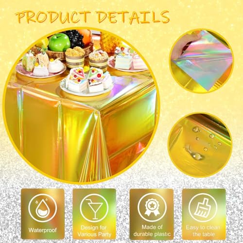 OQOQ Iridescent Gold Table Cloths (4 Packs) - 54x108 Inches New Year Gold Plastic Table Cover Disposable Tablecloth Waterproof Foil for Birthday Retirement Housewarming Graduation New Year Party - color: Gold