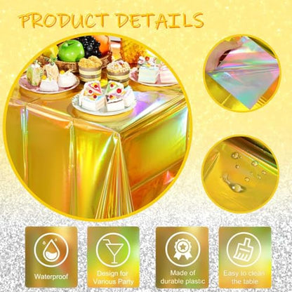 OQOQ Iridescent Gold Table Cloths (4 Packs) - 54x108 Inches New Year Gold Plastic Table Cover Disposable Tablecloth Waterproof Foil for Birthday Retirement Housewarming Graduation New Year Party - color: Gold