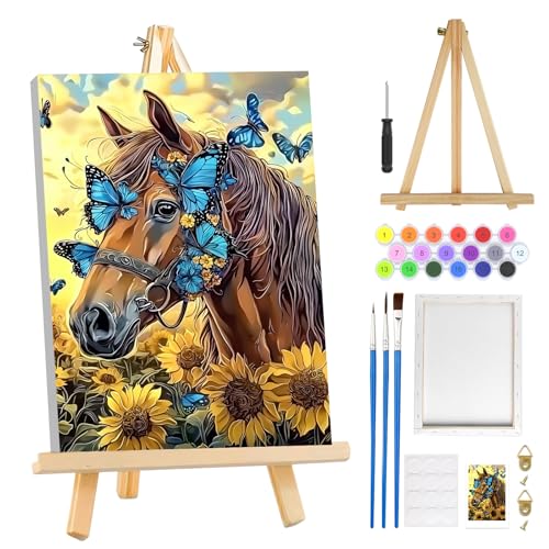 MOGTAA Horse Paint by Numbers Kit for Adults Beginners with Frame, Flowers Adult Paint by Number Kits on Canvas with Easel, Easy DIY Butterfly Oil Painting Kits for Home Decor, 8x12in - color: Horse