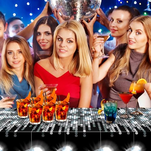 Kochorie 2 Pcs Plastic Disco Tablecloths, Silver Glitter Metallic Table Cover, Disposable Las Vegas Party Tablecover, Sparkle Table Runner for Birthday 70s Party Decorations, 108 x 54 Inch - style: Disco
