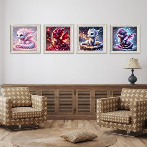 Acelii 4PCS Dragon Diamond Painting Kits for Adults, 5D DIY Art Set | Full Round Drill Dragon Gem Art Kit, Easy DIY Craft, Home Wall Decor, 12 x 12 Inch for Adults & Beginners - color: KM322+KM323+KM324+KM325-1