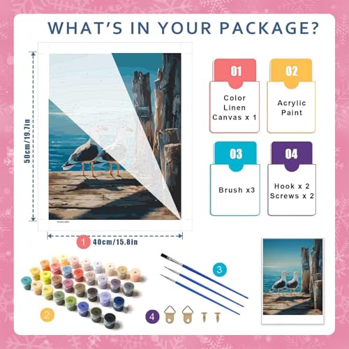 HITO Seagull Paint by Numbers Kit for Adults 16x20 Inch Frameless - color: Seagull
