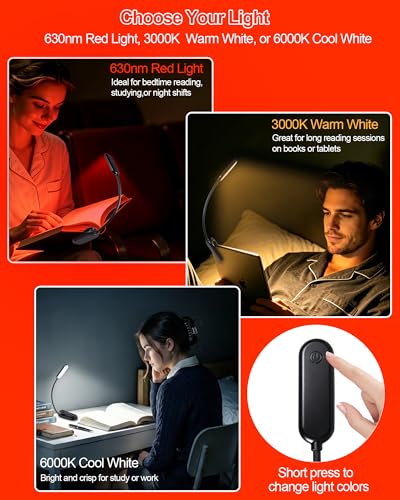 630nm Red Book Light for Reading at Night [2 Pack] - Zero Blue Light, Dimmable Reading Lights for Books in Bed, LED Book Lamp Clip on, Gift for Students Parents Nurse Studying Travel - size: Black-2 Pack