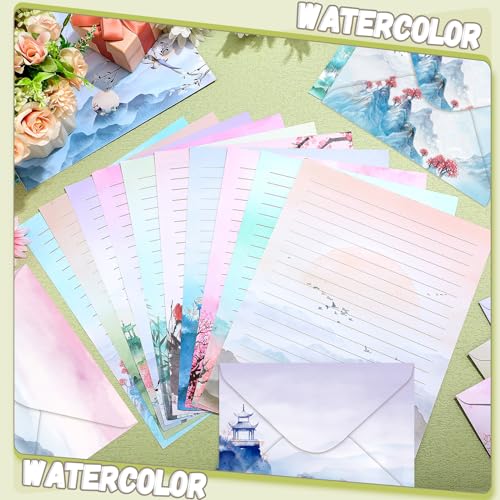 TaoBary 160 Pcs Ink Painting Stationery Paper and Envelopes Set 50 Double Sided Lined Stationery Paper with 50 Matching Envelopes and 60 Round Dot Sticker 8.5 x 11'' Letter Writing Kit, 10design - size: 8.5 x 11 Inch, style: Ink Painting