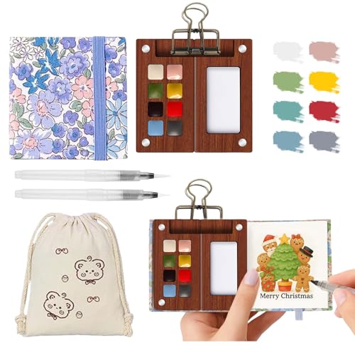 Mini Watercolor Paint Set – Travel Watercolor Set with 8 Color Palette, 300g Sketchbook, Water Brushes, Clip & Storage Bag, Pocket Size Portable Water Color Kit for Artists, Students & Beginners - color: Pink 8 Colors