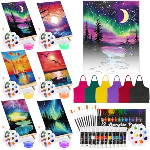 Cholemy 6 Set Paint and Sip Kit for Adults 8"x 10" Pre Drawn Canvas Painting with Wooden Easel Acrylic Paint Wash Cup Brushes Palette Apron for Painting DIY Adult's Date Party Supplies(Landscape) - style: Landscape