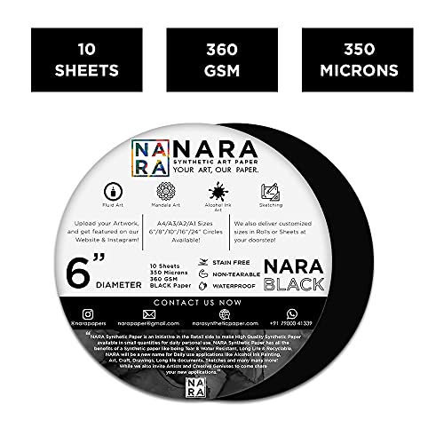 NARA Alcohol Ink Paper | Black | 6” Diameter Circle | 350 microns/360 GSM | 10 Sheets | Medium+ Paper | Paper for Alcohol Ink Art Painting | 100% Stain-Free - color: Black_Circle_Paper Sheets_04
