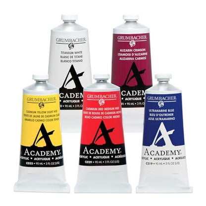 Grumbacher Academy Professional Acrylic Paint Set of 5 90ml Traditional Colors - Metal Tubes - Heavy Body Professional Grade Artist Paint with Genuine and Pure Pigments - ASTM Lightfast Colors