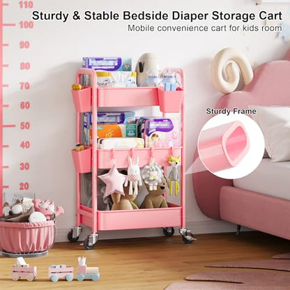 3 Tier Rolling Cart with Wheels, Metal Utility Storage Cart on Wheels, Craft Carts Organizer with Hanging Cups, Hooks, Three Tiered Rolling Carts for Bathroom, Laundry Room, Nursery, Office, Pink - color: Pink
