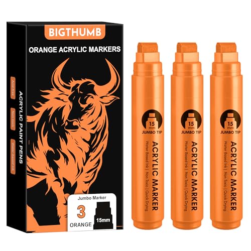 BIGTHUMB 3 Pcs Orange Jumbo Permanent Markers: 15mm Wide Tip Thick Acrylic Paint Pen Large Calligraphy Marker for Rock Painting, Poster, Sign, Canvas, Glass, Wood, Ceramic - color: Orange