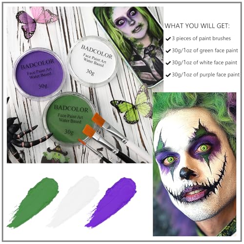 White Green Purple Face Body Paint, Face Painting Kit with Brushes for Beetlejuice & Frankenstein Halloween Makeup, Facepaints for Witch Ursula Maleficent Costume Cosplay & Monster Skeleton SFX Makeup - color: White+Light Green+Light Purple+3Pcs Brushes