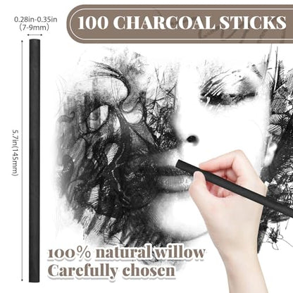 Gueevin 100 Pcs Soft Willow Charcoal Sticks Drawing,7-9mm | For Artists Beginners Students, Vine Charcoal Bulk for Sketching Shading Fine Art, Assorted Sizes, Back to School Gifts - size: 7-9mm