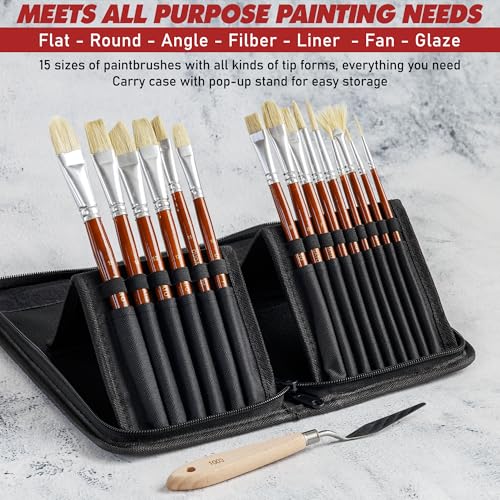 DUGATO Paint Brush Set 15pc with Pop-Up Case, Palette Knife & Sponges - color: White