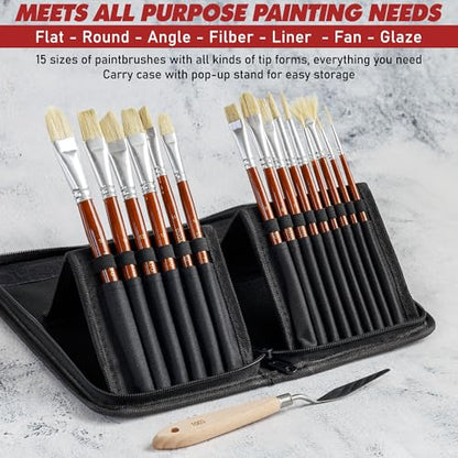 DUGATO Paint Brush Set 15pc with Pop-Up Case, Palette Knife & Sponges - color: White